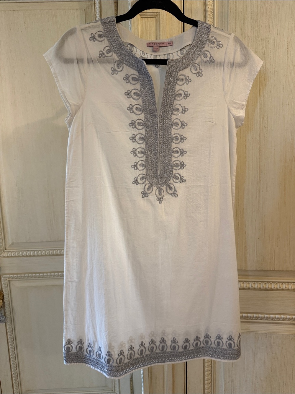Calypso St. Barth White Shift Dress with Gray Embroidery